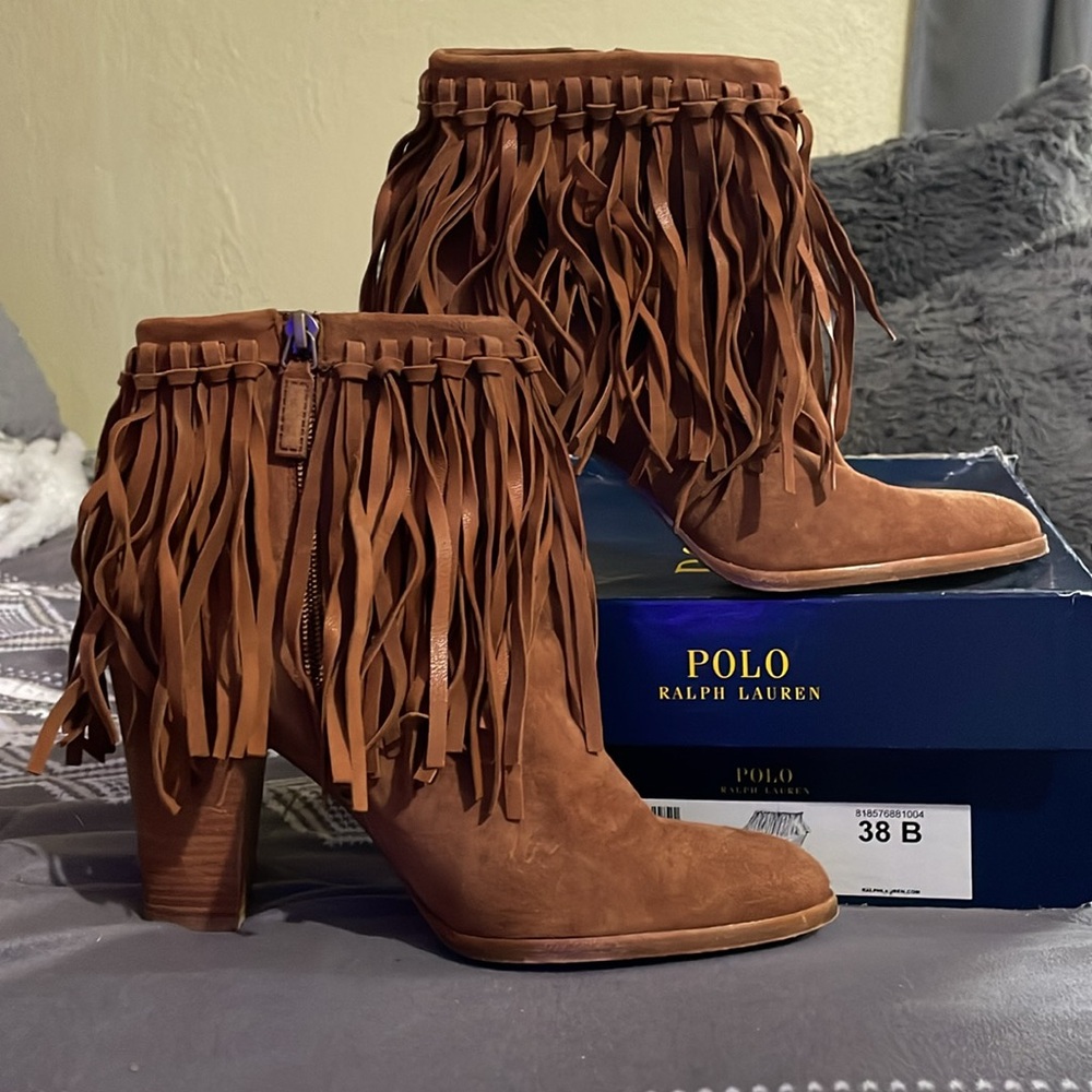 Polo by Ralph Lauren Brown Suede Fringe Heeled Ankle Boots - Picture 1 of 5
